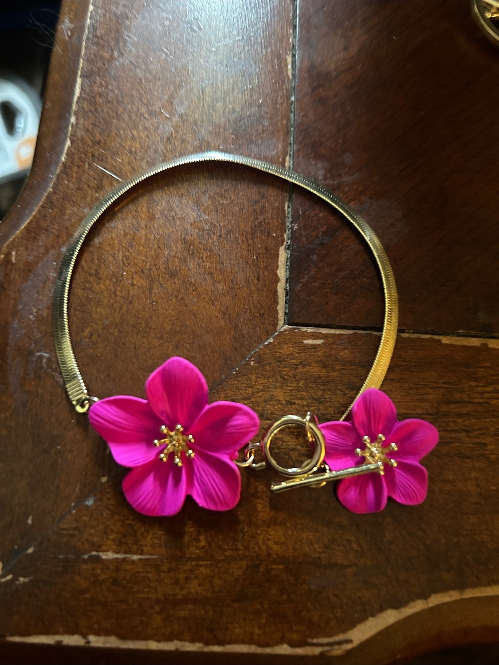 Gold Tone Bracelet with Bright Pink Floral Accents